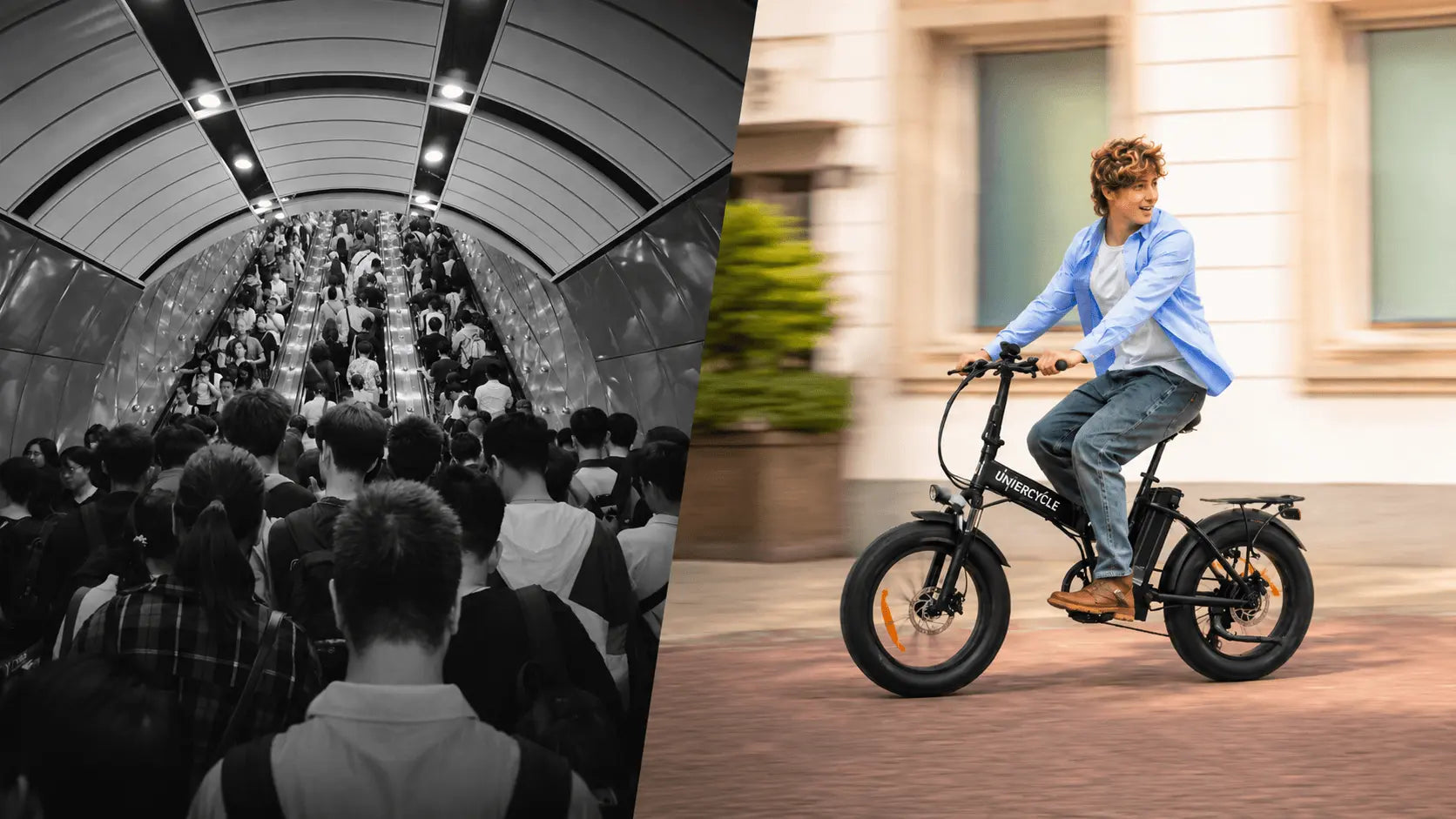 A contrast comparison between a crowded, hot subway escalator in black and white, and a man happily riding a black Univercycle folding e-bike on a sunny street.