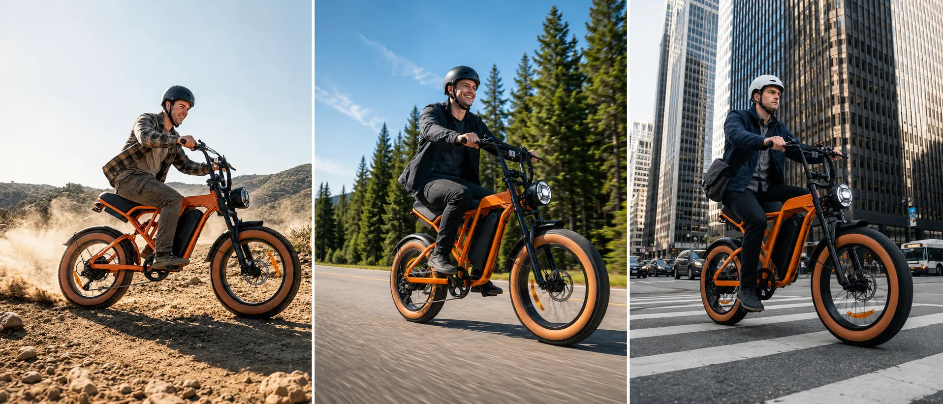 Three-panel landscape banner showcasing the orange Univercycle Urano moped-style fat tire e-bike riding through rugged dirt tracks, scenic forest roads, and urban streets.