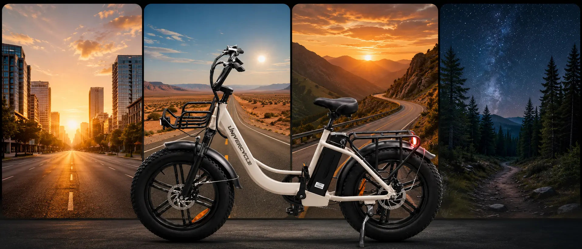 Desktop horizontal banner showcasing the white UNIVERCYCLE Venere fat tire e-bike against a background collage of city streets, desert highways, mountain roads, and forest nights.