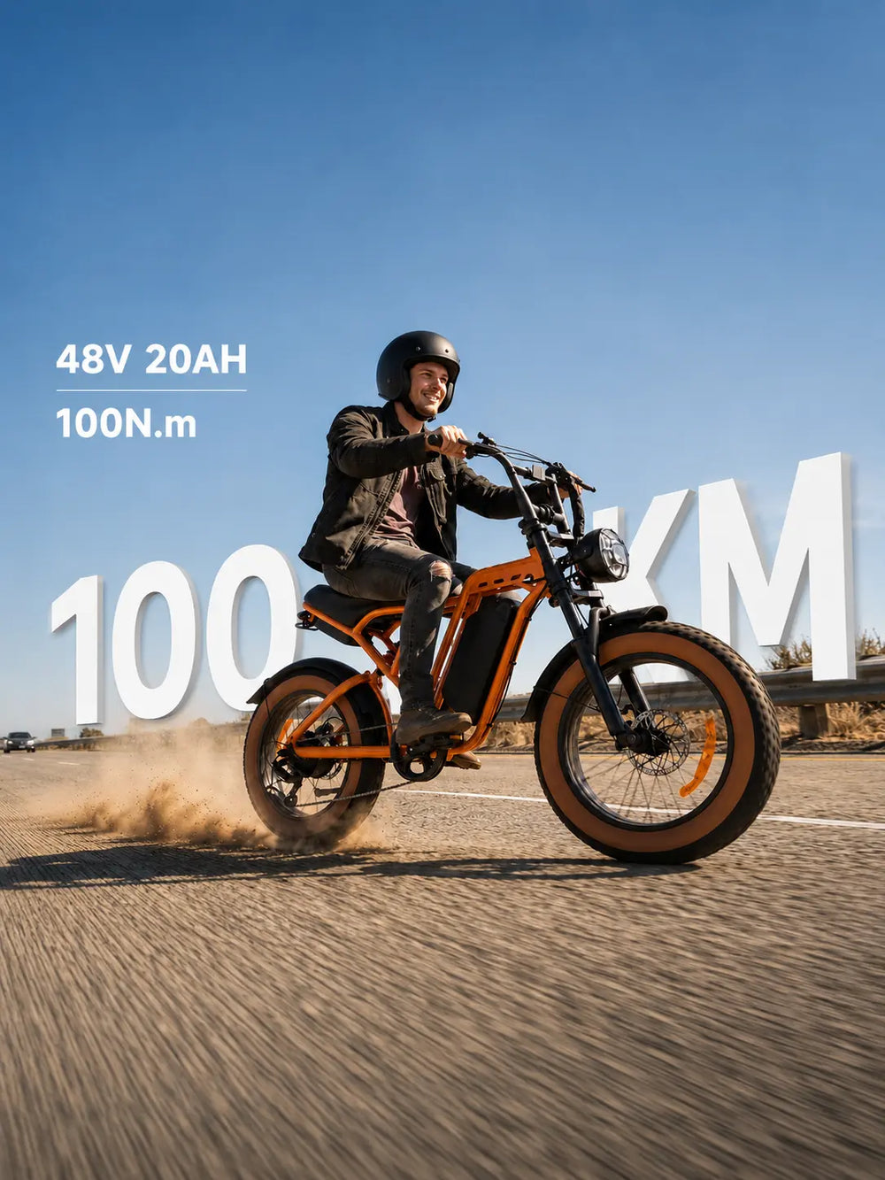 A mobile-optimized vertical image showing a rider on the orange Univercycle Urano 1000W moped-style fat tire e-bike on an open road, highlighting its 48V 20Ah battery, 100N.m torque, and 100km range.