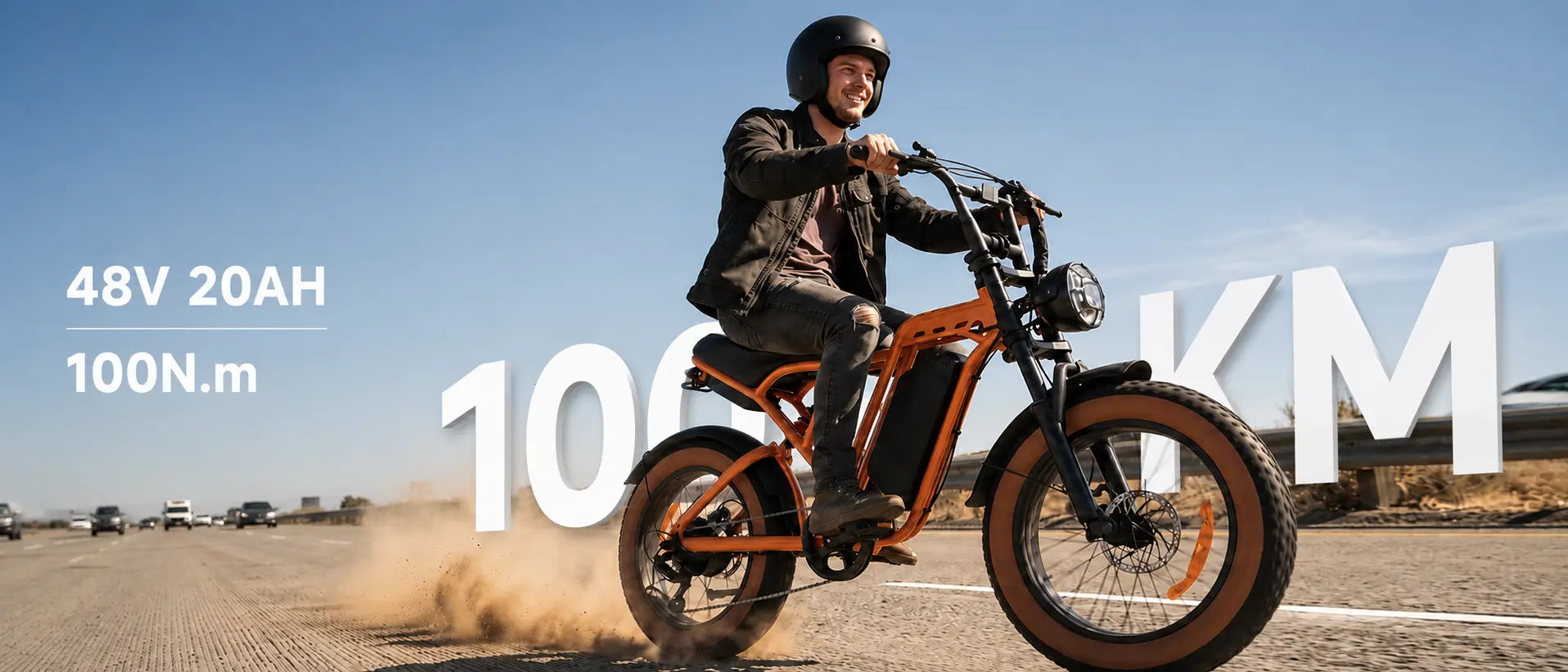 A wide banner of a young man riding the orange Univercycle Urano 1000W moped-style electric bike on the road, with graphic overlays showcasing the 48V 20Ah battery, 100N.m torque, and 100km battery range.
